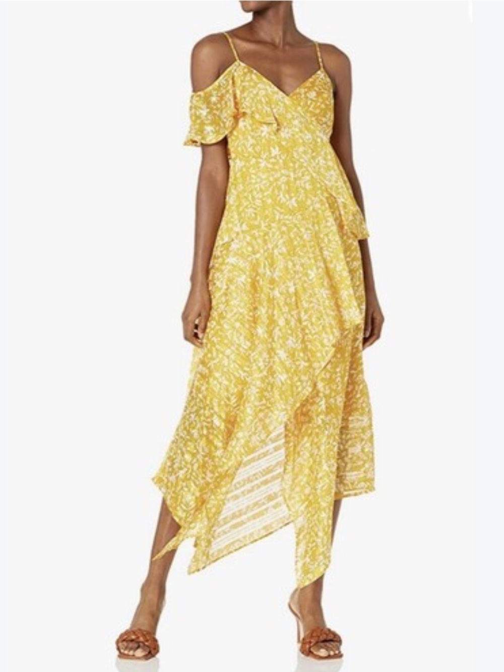 BCBGMaxAzria Yellow Floral High-Low Ruffle Dress - Picture 2 of 10